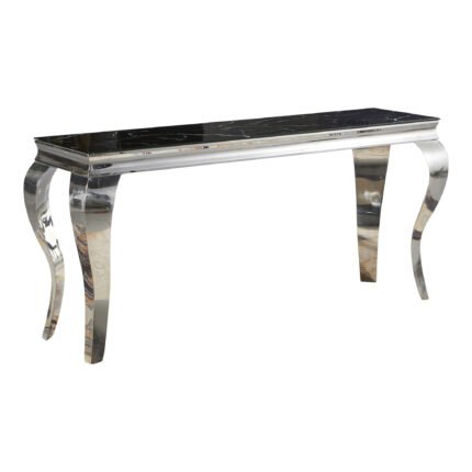 Console Polox en verre trempé noir et pieds argentés