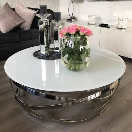 Table basse LEA ronde plateau blanc argentée