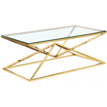 Table basse PYRA en verre trempé structure dorée