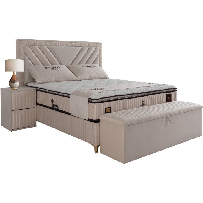 Ensemble de lit coffre DUBAI en velours beige avec matelas à ressorts - 160x200