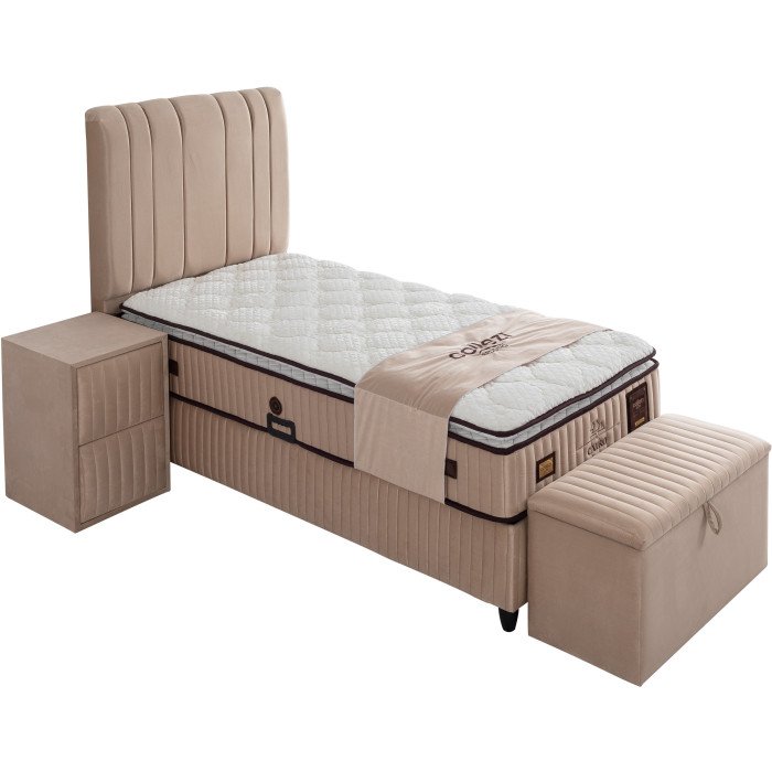 Ensemble de lit coffre CAIRO en velours beige avec matelas à ressorts - 90×200