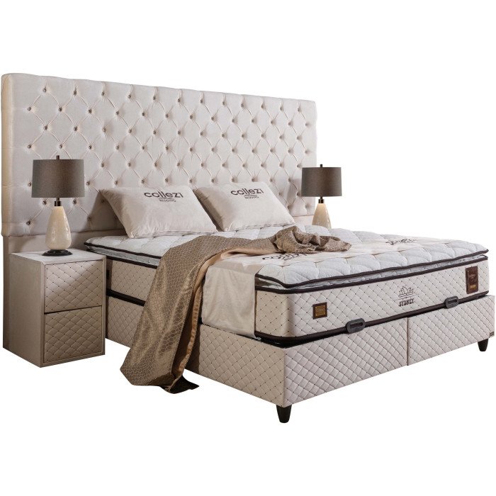 Ensemble de lit coffre SYDNEY en velours beige avec matelas à ressorts