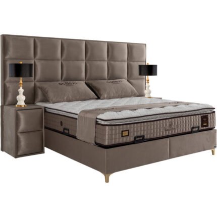 Lit PAULIN en Velours Taupe avec Coffre - Sommier et Matelas à Ressort Inclus