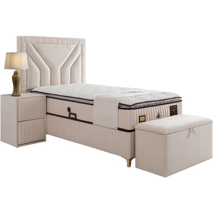 Ensemble de lit coffre DUBAI en velours beige avec matelas à ressorts - 90x190