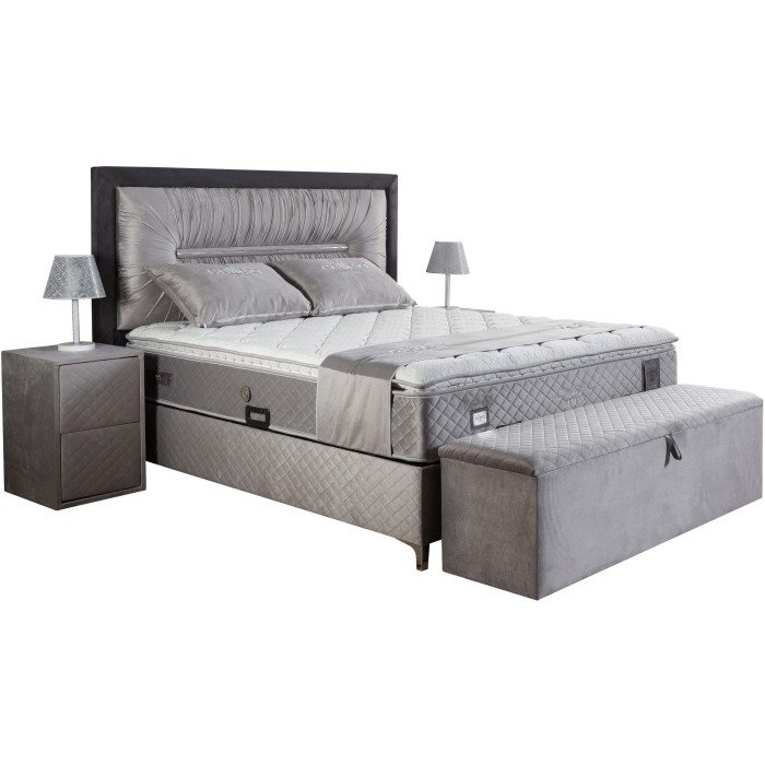 Ensemble de lit coffre GENEVA en velours gris avec matelas à ressorts