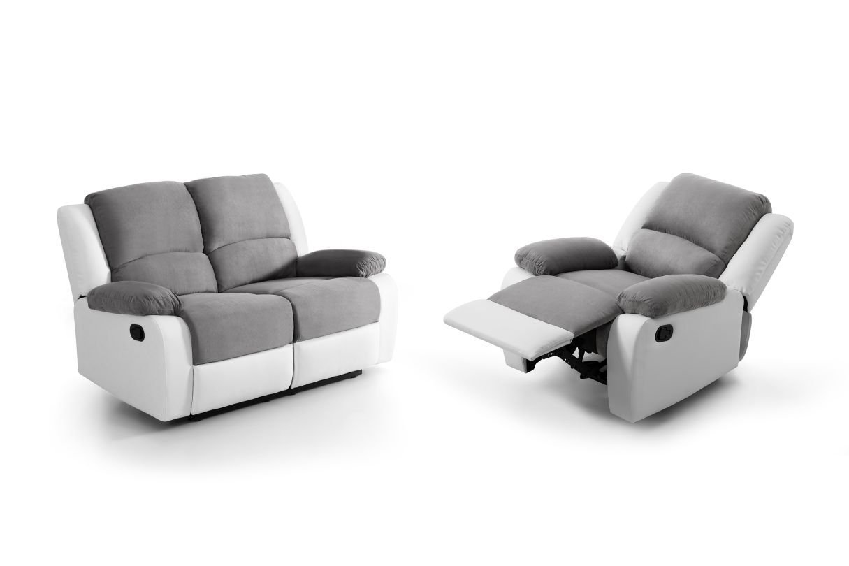 Ensemble canapé 9121 relax manuel 2 places + fauteuil manuel en microfibre et simili - Gris/Blanc
