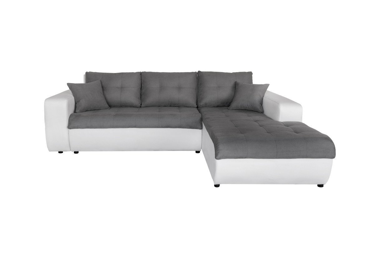 Canapé d'angle CAMILLA convertible 4 places en simili et microfibre - Gris/Blanc - Angle droit