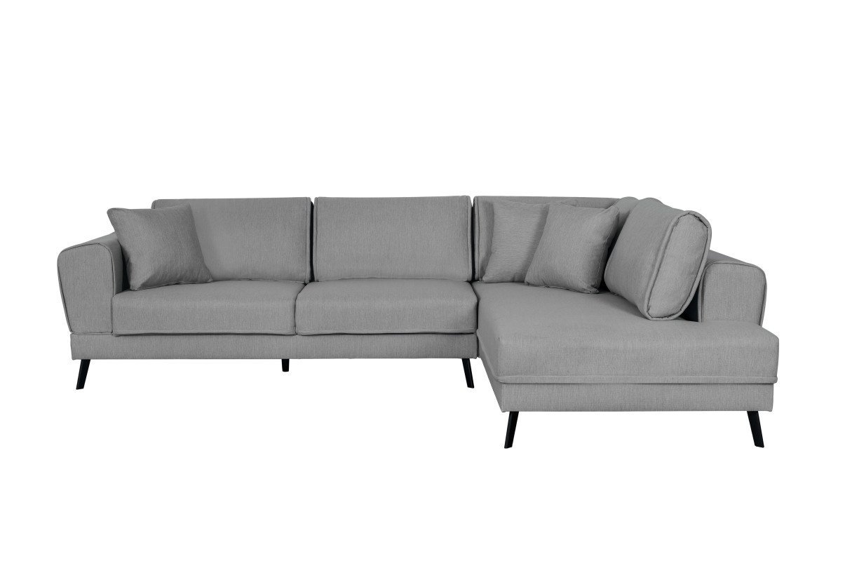 Canapé d'angle ISABELLA convertible 2 coffres en tissu et pieds en métal noir - Gris clair - Angle droit