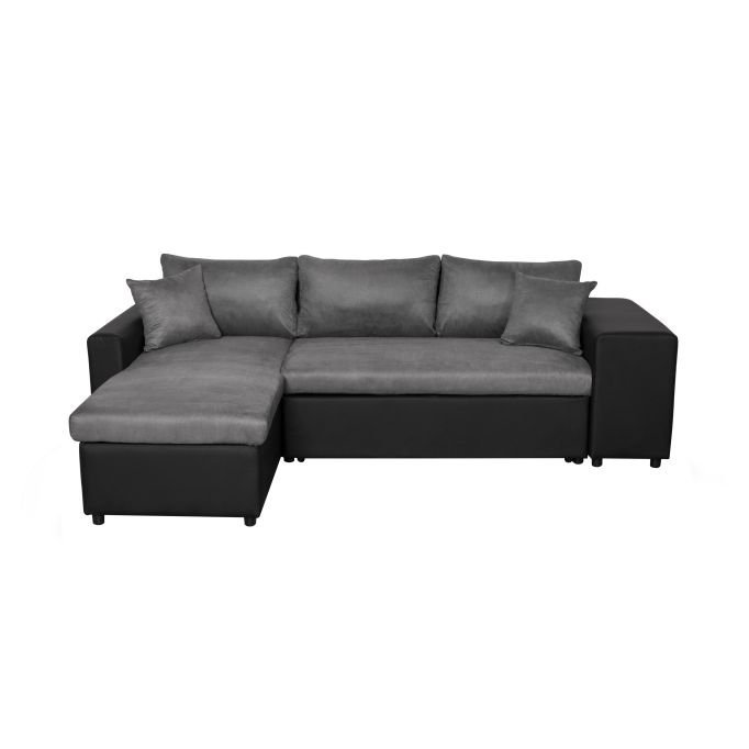 Canapé d'angle MARINA PLUS réversible convertible avec coffre et 2 poufs en microfibre et simili - Gris/Noir - Niche à droite
