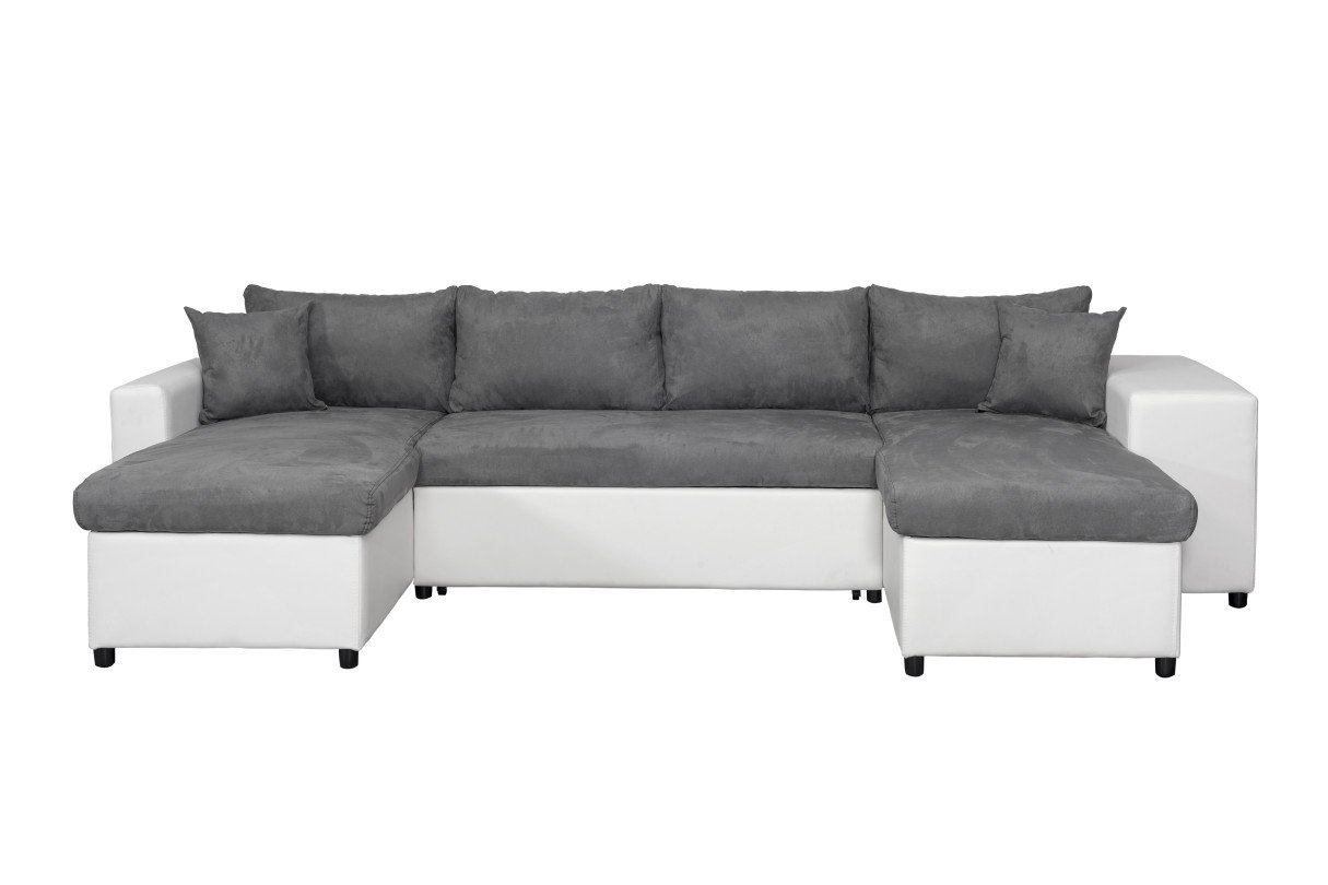 Canapé panoramique MARINA U PLUS convertible avec 2 coffres et 2 poufs en simili et microfibre - Gris/Blanc - Niche à droite