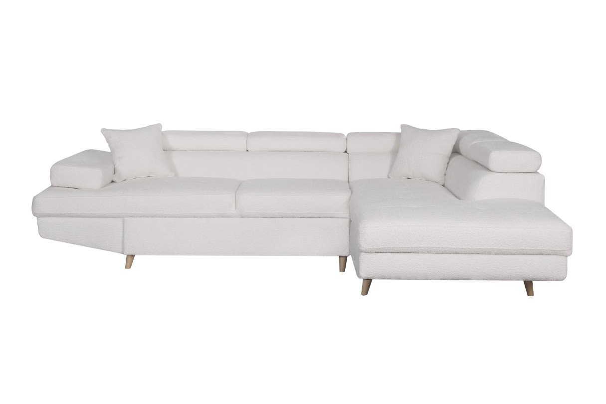 Canapé d'angle ROMEO SCANDINAVE convertible avec coffre pieds bois en tissu bouclette - Angle droit
