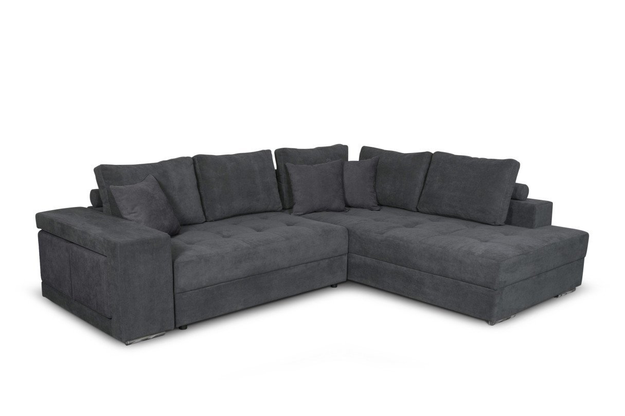Canapé d'angle TINA convertible avec 2 poufs et coffre en tissu - Gris foncé - Angle droit